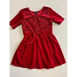 George Girls Red Velvet Sequin Holiday Party Dress Size 6-6X Bow Accent